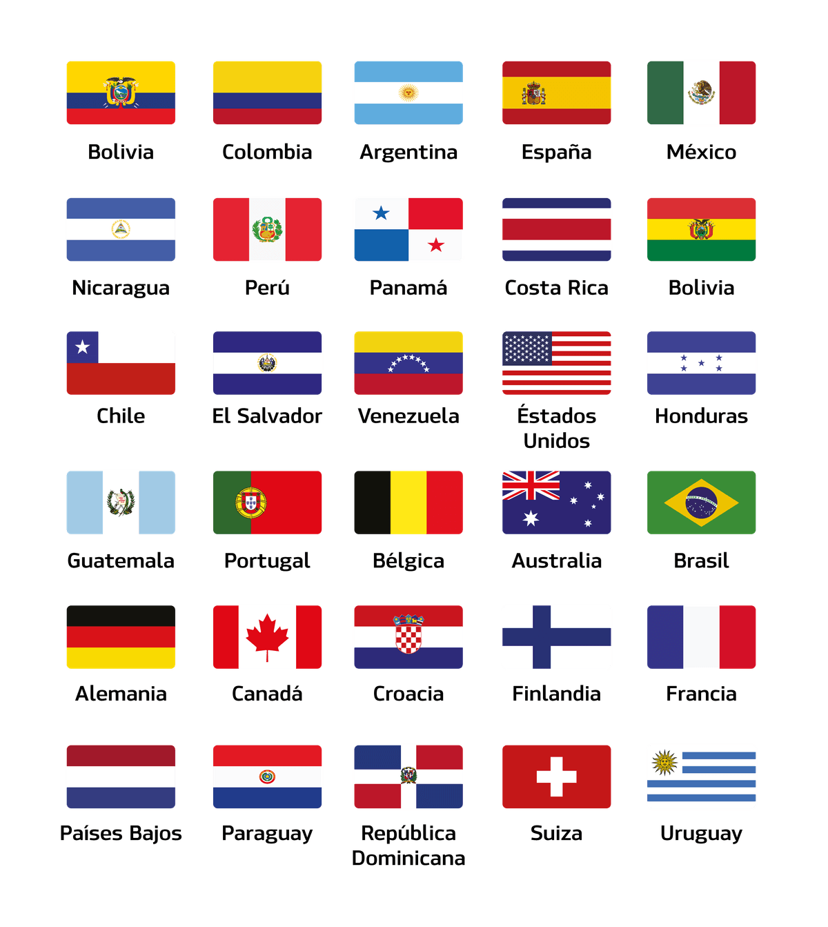 Países participantes en Premio Sacha - Banderas de más de 30 países de América Latina, Europa, Norteamérica y Oceanía